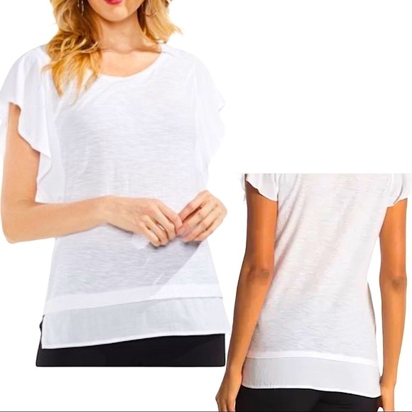 Vince Camuto Vintage Band White Flutter Sleeve Short Sleeve Top Medium - Picture 7 of 9